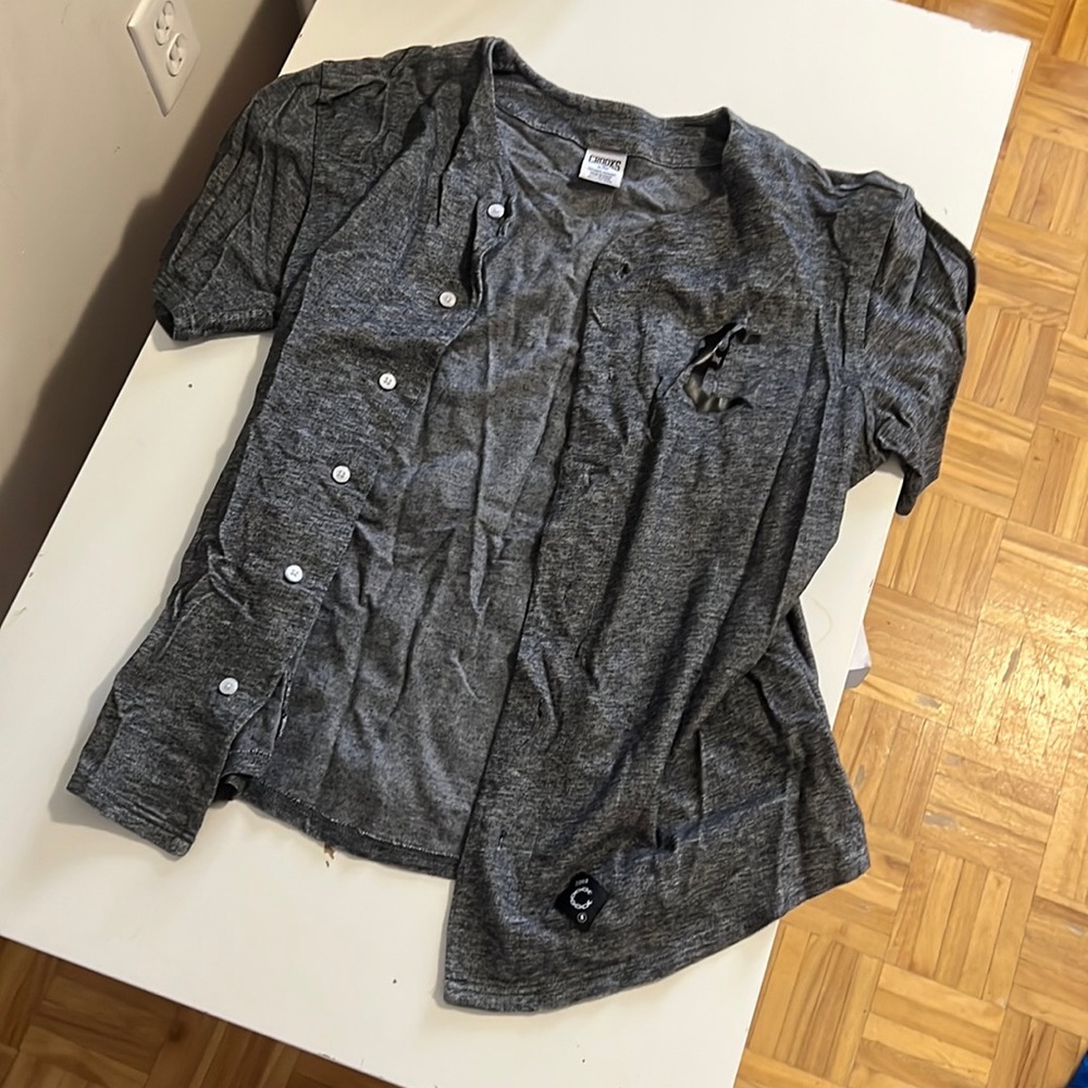 Crooks & Castles grey button up baseball jersey shirt size large